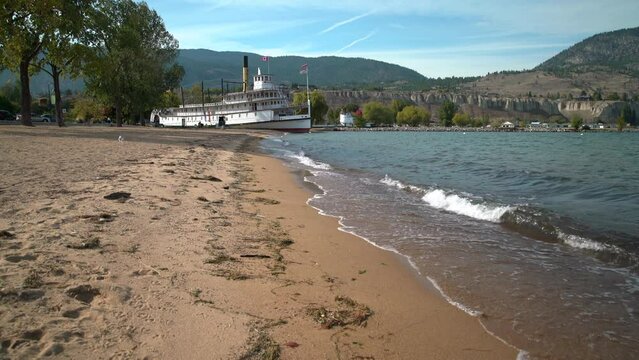 SS Sicamous on Okanagan Lake beach 4K UHD. The historic SS Sicamous stern wheeler on display on the beach of Okanagan Lake, BC. 4K. UHD.
