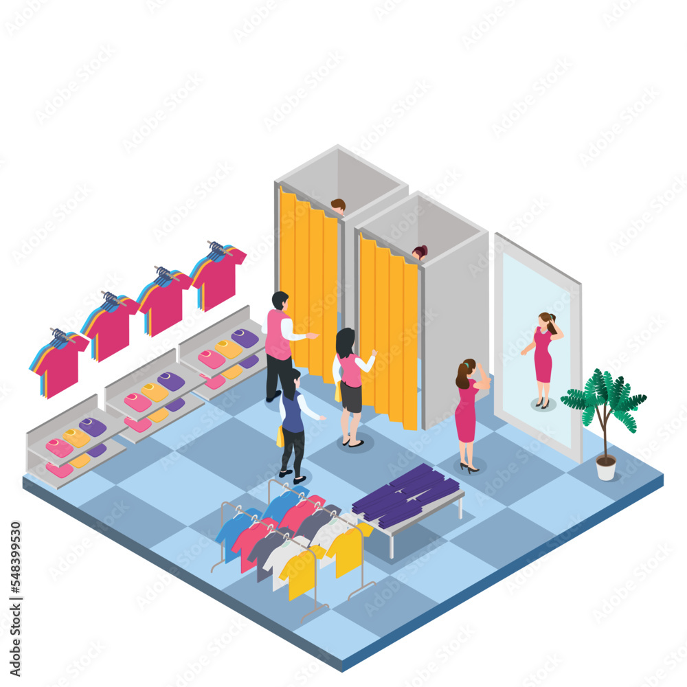 Wall mural People waiting in line to try clothes in fitting rooms 3d isometric