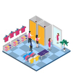 People waiting in line to try clothes in fitting rooms 3d isometric