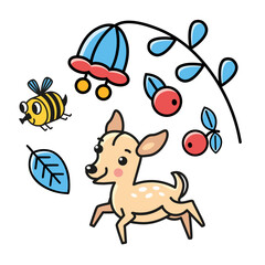 Cute isolated color fawn, bee and flower in black outline on white background for design. Cartoon character. Vector illustration.
