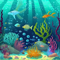 Fototapeta na wymiar Underwater life and diverse habitats. algae, starfish, fish, lobsters and coral reefs