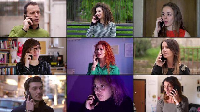 Multiscreen or colage of 9 people talking on smartphone
