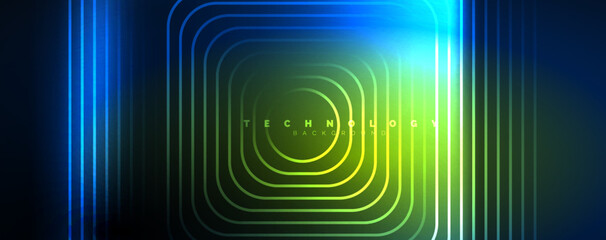 Neon glowing techno lines, hi-tech futuristic abstract background template. Vector illustration for wallpaper, banner, background, leaflet, catalog, cover, flyer