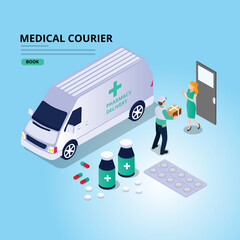 Medical courier delivery service, 3d isometric illustration concept