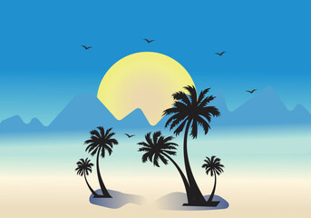 Fototapeta na wymiar palm tree, sun, beach, and mountain vector landscape