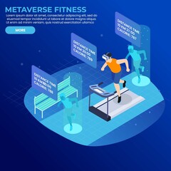 Man workout on a treadmill with a virtual metaverse application trainer