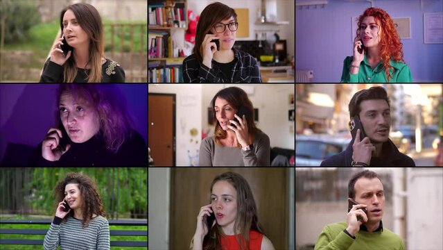 Multiscreen or colage of people talking on smartphone