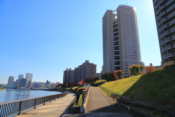 隅田川沿いに建ち並ぶ南千住の高層マンション群