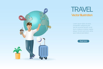 Travel concept. Happy man with luggage and travel destinations on globe. Traveling by airplane to explore world. 3D realistic vector.