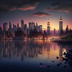 Fototapeta premium Manhattan Skyline At Dusk, New York, United States