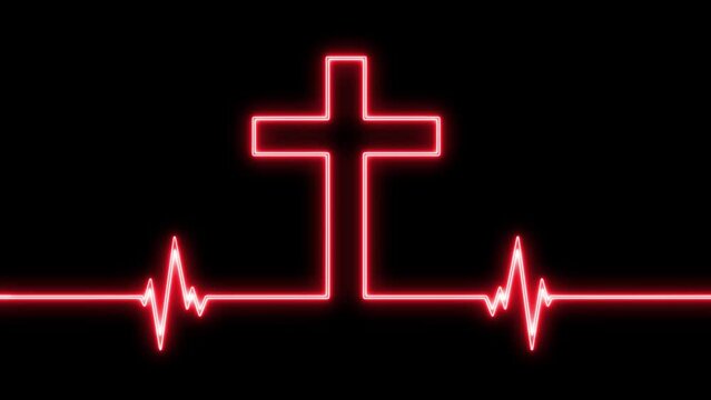 Animation of the cross of Jesus Christ illuminated with red neon. Cross of Jesus and Electrocardiogram in animation. Religious video, Gospel of Jesus. The blue cross with a black background. Peace