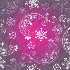 Christmas magenta seamless grunge vector pattern with birds and snowflakes on a gradient background