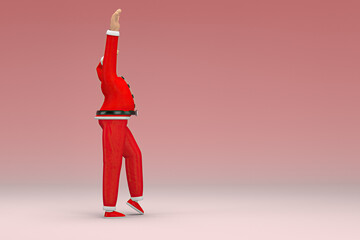 A man wearing Santa Claus costume. He is expression of hand when talking. 3d rendering of cartoon character in acting.
