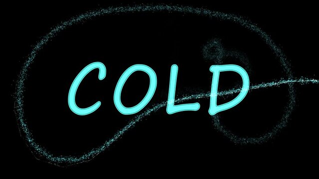 Writing the word cold on the screen with ice particles forming the word. Animation for digital compositing on black background. Winter and cold season