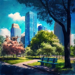 City Park With Trees Benches And Skyscrapers