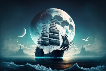 Ship At Sea Against The Background Of The Moon And The Beautiful Sky, 3D Illustration