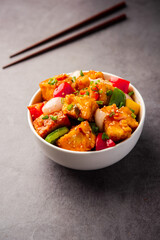 chilli paneer dry is made using cottage cheese, Indo chinese food