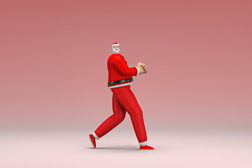 Fototapeta na wymiar A man wearing Santa Claus costume. He is pulling or pushing something. 3d rendering of cartoon character in acting.