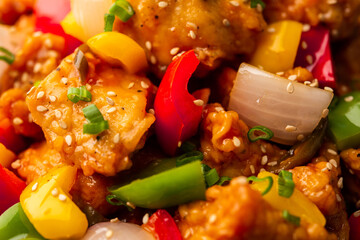 Chilli chicken which is a popular Indo-Chinese starter dish, served on a plate or bowl. Selective focus