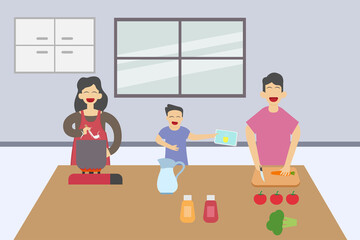Cooking vegetables vector concept. Happy family cartoon character cooking vegetables together in the kitchen at home