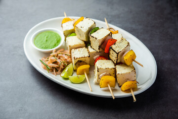 Malai Paneer Tikka Kabab is an Indian asian food made using cottage cheese grilled with cream