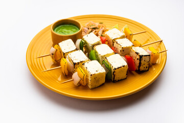 Malai Paneer Tikka Kabab is an Indian asian food made using cottage cheese grilled with cream