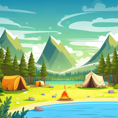 Parallax background with summer camp with tent