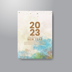 Happy new year 2023 card template with watercolor background