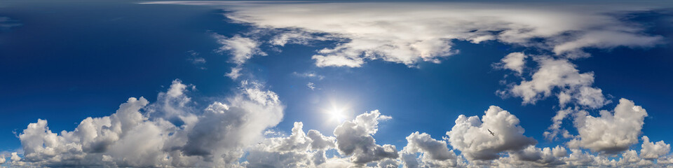 Blue sky panorama with puffy Cumulus clouds. Seamless hdr pano in spherical equirectangular format....