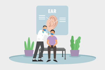 Ear problem vector concept : Young doctor examining patient' ear in the clinic while wearing face mask, new normal