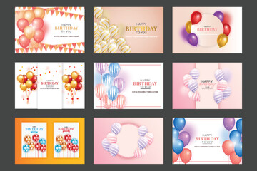 Fototapeta na wymiar Birthday background set with realistic balloons and golden confetti Happy birthday greeting card set 