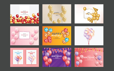 Fototapeta na wymiar Birthday background set with realistic balloons and golden confetti Happy birthday greeting card set 