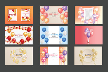 Birthday background set  with realistic balloons and golden confetti Happy birthday greeting card set 