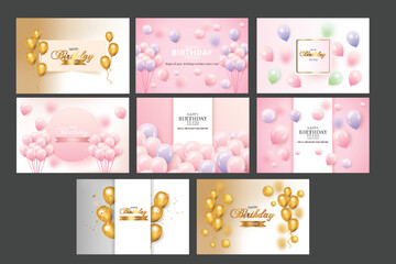Birthday background set  with realistic balloons and golden confetti Happy birthday greeting card set 