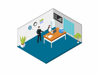 Businessman in face mask talks with female worker