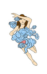 illustration girl dancing with blue cloud for poster ornament