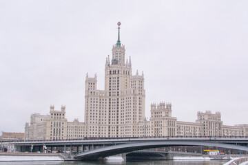 Fototapeta na wymiar Moscow , Russia - November 19, 2022 : High-rise building on Kotelnicheskaya embankment. One of the seven completed Stalin skyscrapers.