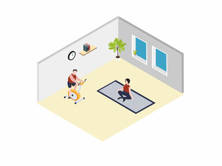 Couple doing yoga and riding exercise bike