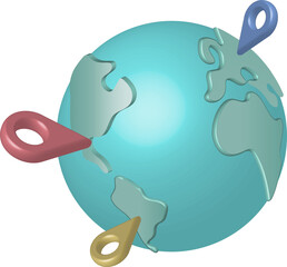 3D blue globe with pin points on world map. 