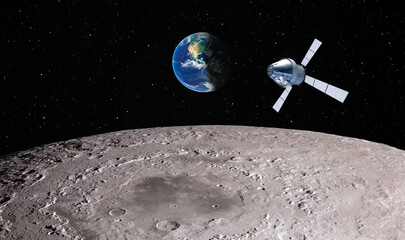 Orion spacecraft flight in space on orbit of moon. "Elements of this image furnished by NASA © muratart