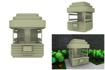 3D RENDER PNG ILLUSTRATION. Sample idea model food drink booth kiosk perspective design. Small business street shop stall market or Product exhibition fair counter concept isolated white background