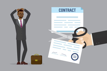 Hand of boss or entrepreneur uses scissors and cuts business contract. Refusal to cooperate. Shocked business partner or employee. Cancellation of work contract. Breaking partnership.