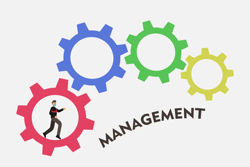 Businessman in face mask running in the cogwheel