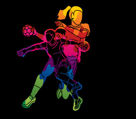 Obraz na płótnie Canvas Group of Handball Players Female Mix Action Cartoon Sport Team Graphic Vector