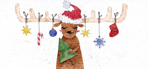 christmas deer with gifts in santa hat. watercolor illustration for printing cards, posters, prints, banners. cute new year character.