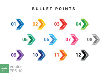 Direction number bullet points from one to twelve. Simple flat style. Number with arrow for list and tag infographic. Vector illustration isolated on white background. EPS 10. - obrazy, fototapety, plakaty