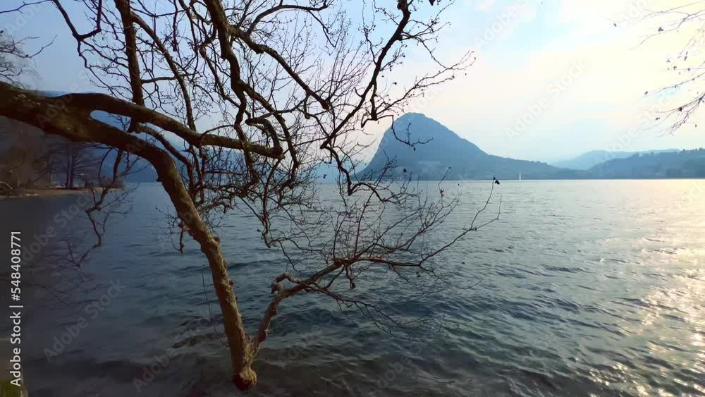 Canvas Prints Panorama of sunset Lake Lugano from Ciani Park, Lugano, Switzerland