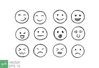 Hand drawn emotion faces. Doodle emoticons sketch, thin line icons of happy, sad, cute, fun, and angry face expression. Vector illustration isolated on white background. EPS 10.