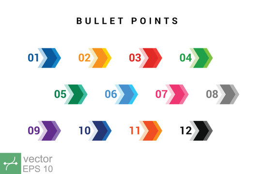 Direction number bullet points from one to twelve. Simple flat style. Number with arrow for list and tag infographic. Vector illustration isolated on white background. EPS 10.