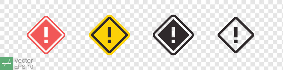 Caution icon set. Caution sign in different style. Exclamation mark symbol, warning notice information, high risk, attention concept. Vector illustration isolated on transparent background. EPS 10.